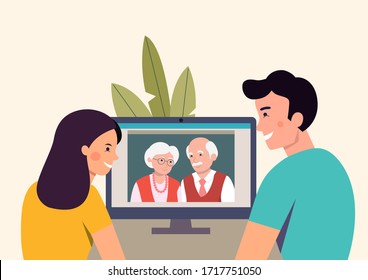 Man and woman talking with their parents  by videochat. Vector flat style Illustration