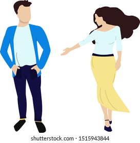 Man and woman are talking. They are going to join their hand. Flat style. Isolated on white background.