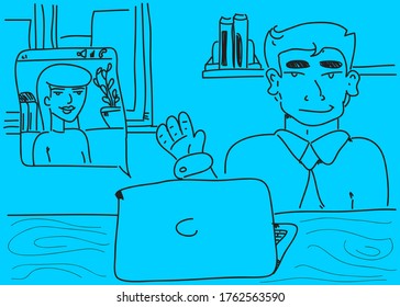 Man and woman talking through video chat. Couple using pc for discussion. Line art vector drawing.