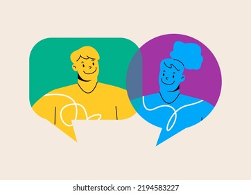 Man and woman talking together. Interactive speech bubbles communication  concept. Colorful vector illustration