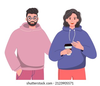 A man and a woman are talking together. People communicate. Positive communication of multinational friends. Cartoon flat vector illustration isolated on white background.