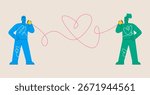 Man and woman talking using handcrafted wired string telephone to each others. Colorful vector illustration