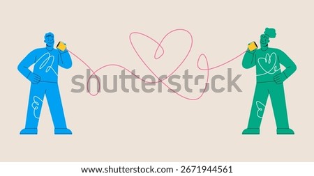Man and woman talking using handcrafted wired string telephone to each others. Colorful vector illustration