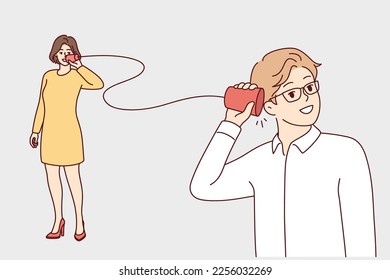 Man and woman are talking using homemade phone made from rope and cups. Guy and girl share secrets and gossip communicate at distance using handmade telegraph. Flat vector illustration