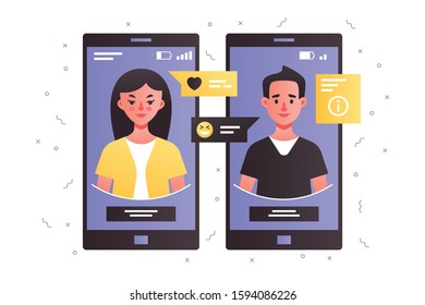 Man and woman talking using phone vector illustration. People characters in phone screens flat style design. Notifications with smile and text. Online communication concept