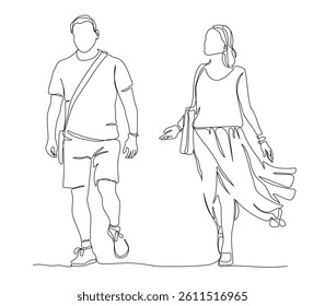 Man and woman talking and walking. Continuous line drawing. Black and white vector illustration in line art style.