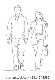 Homem e mulher conversando e andando. Mulher com cabelo comprido segurando bolsa. Desenho de linha contínuo. Ilustração vetorial em preto-e-branco no estilo de arte em linha.