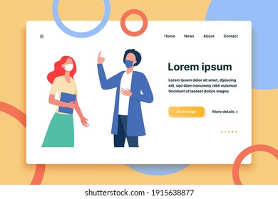 Man and woman talking and wearing masks. Protection, face, distance flat vector illustration. Pandemic and virus concept for banner, website design or landing web page