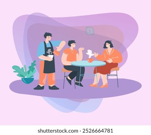 Hombre y mujer hablando mientras beben café o té en la cafetería. Barista haciendo café para la Ilustración vectorial plana de la pareja. Cafetería, concepto de comunicación para Anuncio, diseño de Sitio web o página de Web de aterrizaje