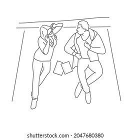 Mann und Frau reden, während sie auf dem Bett liegen, sprechen an einem bequemen Ort. Handgezeichnete Vektorgrafik. Schwarz-Weiß.