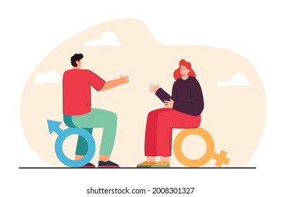 Hombre y mujer hablando mientras están sentados sobre símbolos masculinos y femeninos. Pareja resolviendo problemas de ilustración vectorial plana. Igualdad de género, concepto de comunicación para banner, diseño de sitios web o página web de inicio