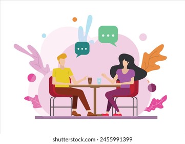 hombre y mujer hablando mientras se sienta diseño plano