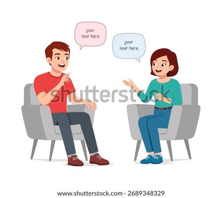 Man and woman talking while sitting on chairs Illustration happy conversation
