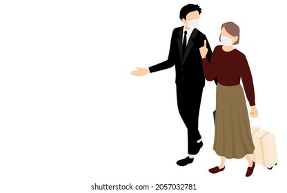 A man and a woman talking while walking and pulling a suitcase on a business trip, isometric.