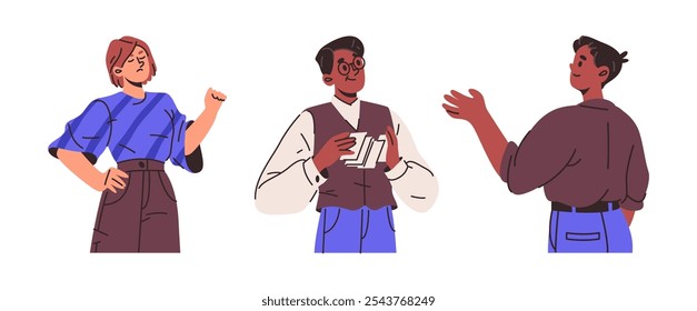 Man and woman talking at work. Vector isolated set of colleagues pointing hands up. Funny personages engaging in conversation. Characters wearing business formal clothes on discussing meeting