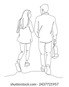 Man and woman talking. Young couple with shopping bag walking away. Rear view. Continuous line drawing. Black and white vector illustration in line art style.