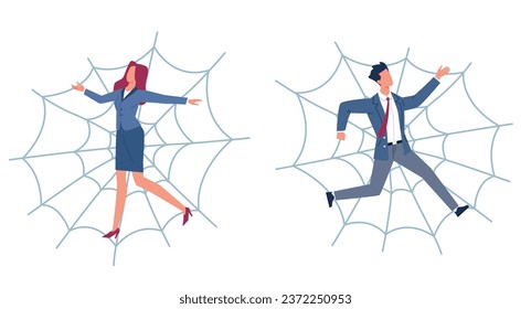 Man and woman tangled in web. Business people stuck in cobweb, Difficult hopeless situation. Crisis in life and at work. Panic male and female character. Cartoon flat isolated vector concept