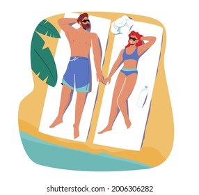 Man and Woman Tanning on Beach Lying on Mat with Sunscreen Protection Cream. Loving Couple Characters Outdoor Vacation on Exotic Resort, People Enjoying Summer Spare Time. Cartoon Vector Illustration