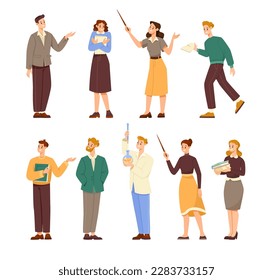 Man and Woman Teacher Characters Standing Having Friendly Smiling Face Vector Set