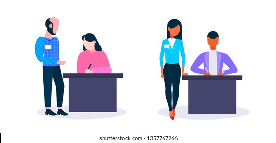 man woman teachers checking male female students doing exam sitting at desks university classroom education learning examination concept white background horizontal flat