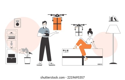 A man and a woman, the team delivers the package by drone. Air delivery concept. Minimalistic linear style.