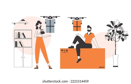 A man and a woman, the team delivers the package by drone. Drone delivery concept. Linear trendy style.