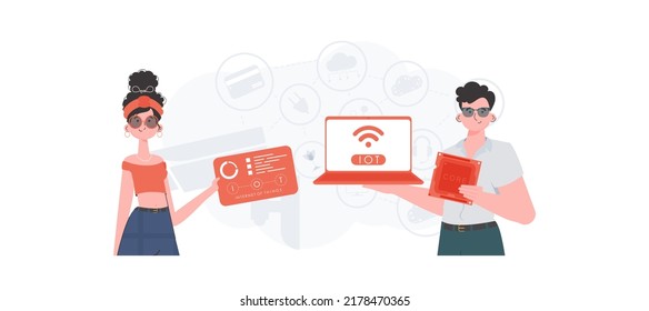 A man and a woman are a team in the field of the Internet of things. IoT concept. Good for presentations and websites. Vector illustration.