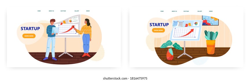 Man and woman team pitch startup to investors. Startup business concept illustration. Vector web site design template. Business presentation with financial charts and graphs