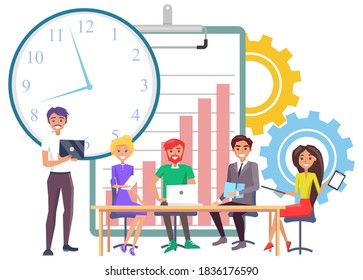 Man and woman teamwork, business cooperation, work in deadline. Employees on workplace, clock and setting icon, graph report, time management vector