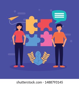 man and woman teamwork puzzles problem strategy vector illustration