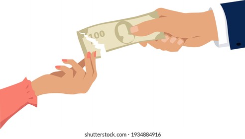 Man and woman tearing apart a money bill, and woman gets the smaller part as a metaphor for gender pay gap, EPS 8 vector illustration