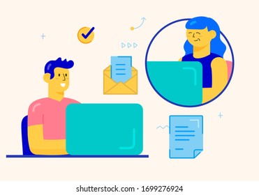 Man and Woman Telecommuting un Video Chat Conference Flat Style Vector Design Illustration 