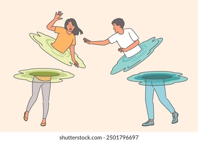 Man and woman teleport to move in space, and instantly appear at new destination. Happy couple teleports using energy portals and innovative technologies from science fiction to meet or date