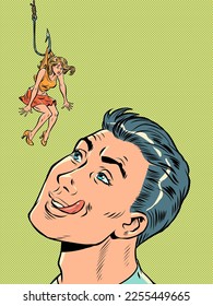 man and woman, temptation. Lure trap people on a fishing hook. Dangerous love. Pop art retro vector illustration 50s 60s style kitsch vintage