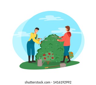 Man and woman tending bushes vector, people cutting flora with special gardening scissors, roses and flowering plant with foliage and frondage isolated