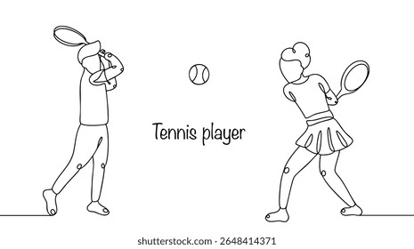 Homem e mulher com raquetes de tênis nas mãos jogando tênis. Os esportistas competem entre si. Esporte interessante desenhado à mão. Vetor simples no fundo branco.