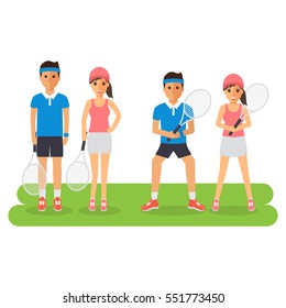 Man and woman tennis sport athletes, players playing, training and practicing with tennis racket. Flat design people characters.