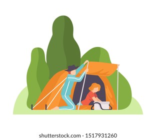 Man and woman in a tent at a campsite. Vector illustration.
