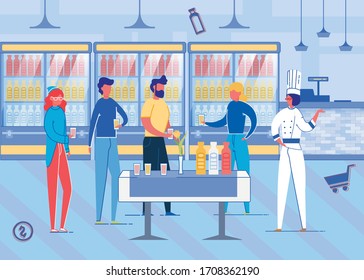 Ilustración vectorial de dibujos planos de tipo hombre y mujer que realiza pruebas o desprenden bebidas. Caracteres que sujetan gafas con jugo o producto diario. Concepto de franquicia. Chef Acogiendo A Los Huéspedes. Frigoríficos con bebida.