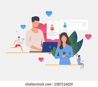 Man and woman texting messages on laptop and smartphone. Technology, love, Internet concept. Vector illustration can be used for topics like relationship, online dating service, romance