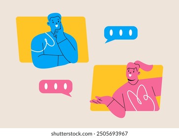 Man and woman texting on messenger. Talking online concept. Colorful vector illustration
