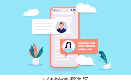 Man and woman texting - Smartphone with text chat messages popping out, showing profile pictures. Technology communication concept. Vector illustration.
