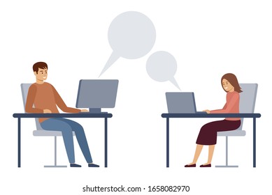 Man and woman are texting at work. Working correspondence. General chat. Vector flat illustration.