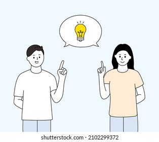 A man and a woman that suddenly came up with a good idea illustration set. bulb, light, debate, point. Vector drawing. Hand drawn style.