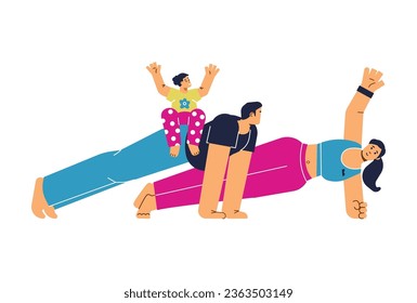 Man, woman and their child doing plank exercise, flat vector illustration isolated on white background. Family working out together. Full and side plank position. Sport and healthy lifestyle.