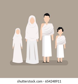 Man and Woman with Their Children Wearing Ihram Clothes Performing Hajj or Umrah Pilgrimage 