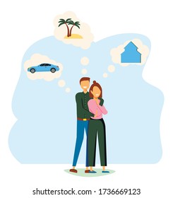 Man and woman think about house, car and vaction on the sea. Male character dream about wealth. Flat vector illustration