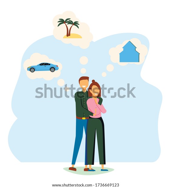 Man and woman think about house, car and\
vaction on the sea. Male character dream about wealth. Flat vector\
illustration