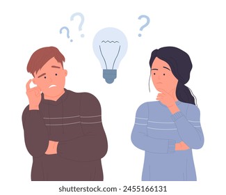 Man and woman think about question, dark light bulbs above heads vector illustration