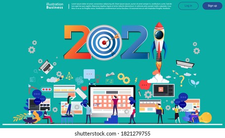 Man and woman think analyze creative   with 2021 new year text, Light bulb,darts shoot Into crotch for success,set icon,drawing charts data,modern Idea concept vector illustration Infographic.